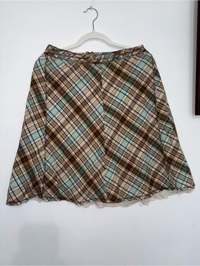 Y2K Plaid Circle Skirt in Aqua, Brown and Cream